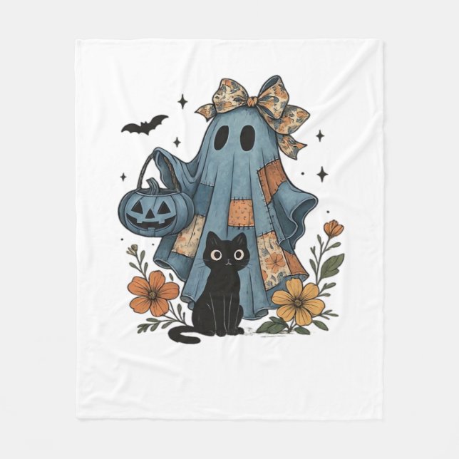 Manta Polar Esencial T-Sh de gato negro fantasma de Halloween (Anverso)