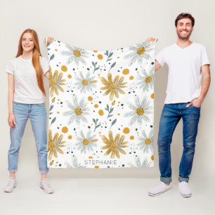 Manta Polar Espectacular patrón floral blanco y amarillo