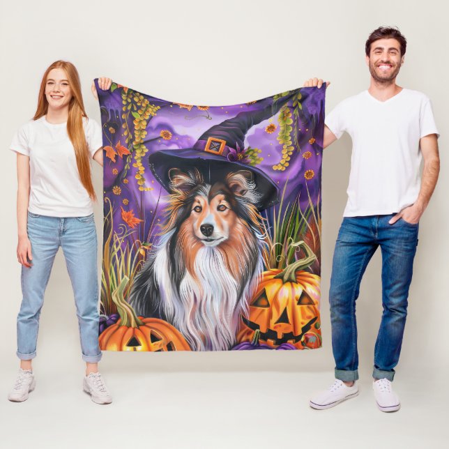 Manta Polar Espeluznante Shetland Sheepdog Halloween Witch Pum (In situ)