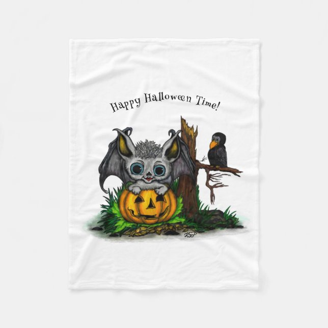 Manta Polar Esperando Halloween , Cute Bat y Raven (Anverso)