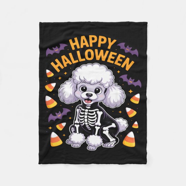 Manta Polar Esqueleto de caniche Feliz Halloween (Anverso)