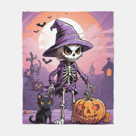 Manta Polar esqueleto de Halloween con gato negro y calabaza