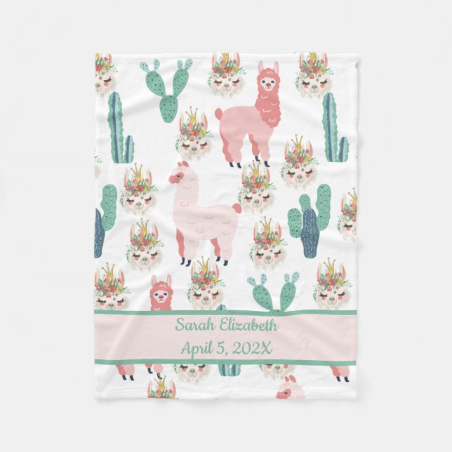 Manta Polar Estadísticas de Bebé Llamas Rosadas y Cactus Verde (Anverso)
