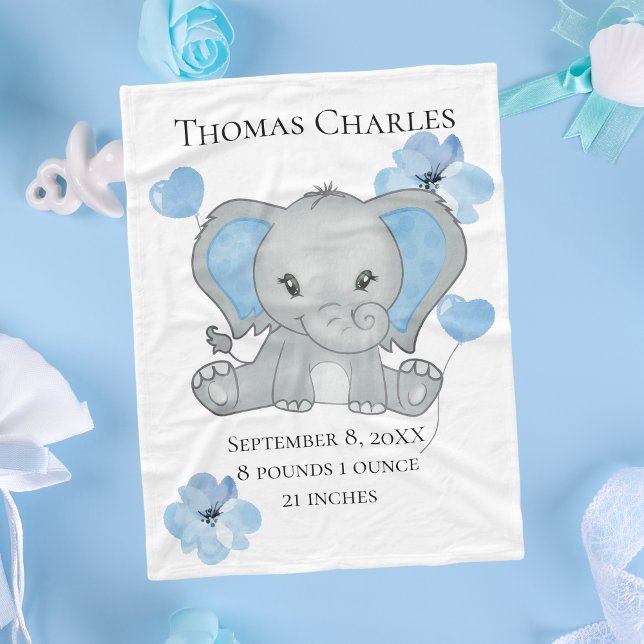Manta Polar Estadísticas de nacimiento personalizadas bebé ele (Blue Gray Elephant Baby Boy Birth Stats Baby Blanket, Baby Shower gift Gift for new baby boy)