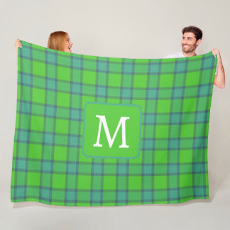 Manta Polar Estampado escocés verde y azul monograma