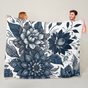 Manta Polar Estampado floral bohemio azul y blanco