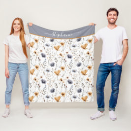 Manta Polar Estampado Floral Boho Azul Gris Beige Blanco