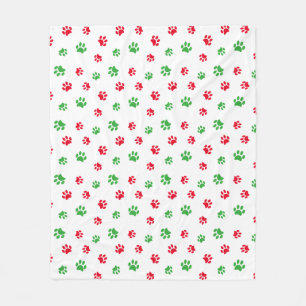 Manta Polar Estampado Navideño de Huellas de Pata Rojas y Verd