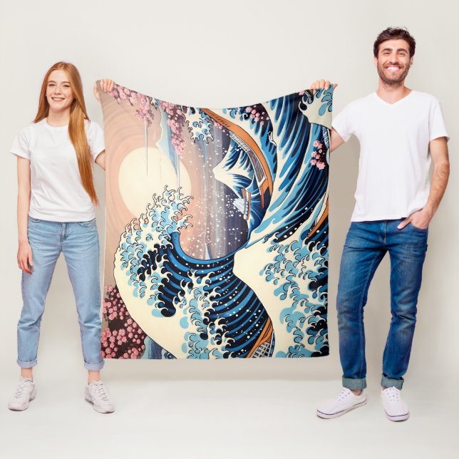 Manta Polar Estética de sakura rosa inspirada en la Gran Ola (In situ)