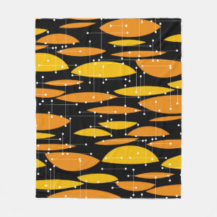 Manta Polar Estilo atómico, patrón geométrico naranja negro.
