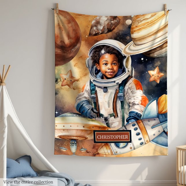 Manta Polar Estilo de acuarela del astronauta del espacio de p (Black Skin Boy Astronaut Space Watercolor Style Fleece Blanket)