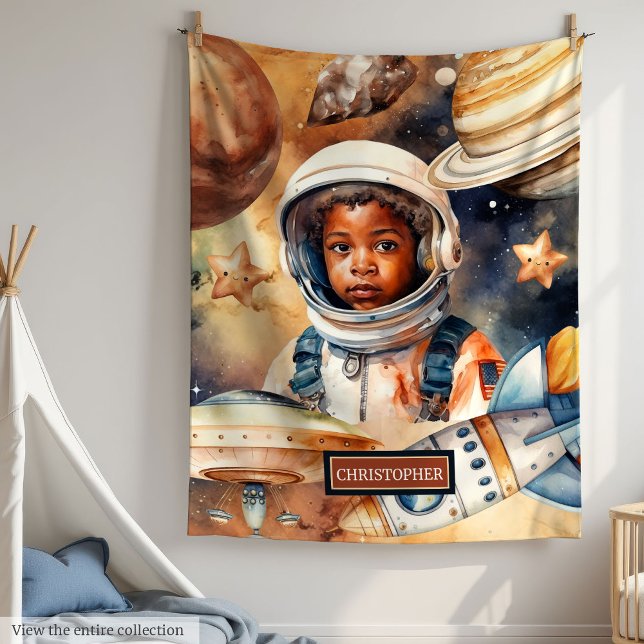 Manta Polar Estilo de acuarela del astronauta del espacio de p (Black Skin Boy Astronaut Space Watercolor Style Fleece Blanket)