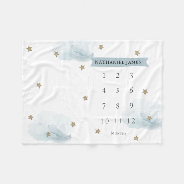Manta Polar Estrellas de oro y nubes Blue Boy Monthly Mileston (Frente (Horizontal))