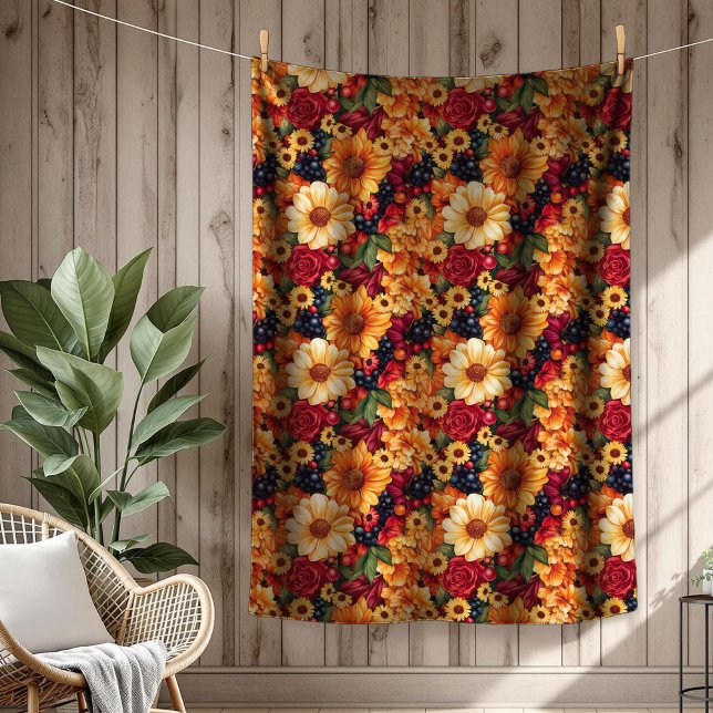 Manta Polar Fall Harvest Floral Calabaza Funda (Fall Harvest Floral Pumpkin Fleece Blanket)