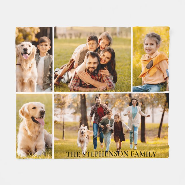 Manta Polar Familia 5 Nombre de Collage de fotos simple (Frente (Horizontal))