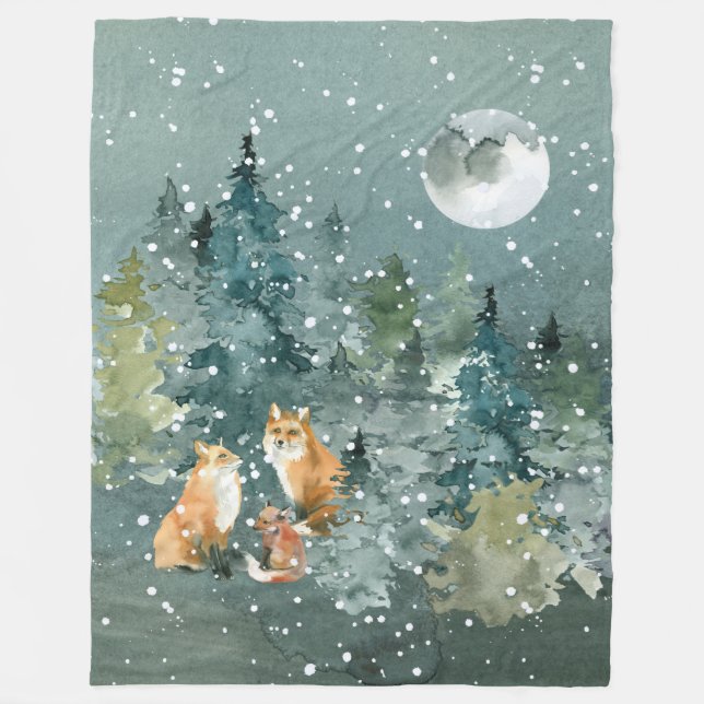 Manta Polar Familia Fox en la nieve de la luna llena de bosque (Anverso)