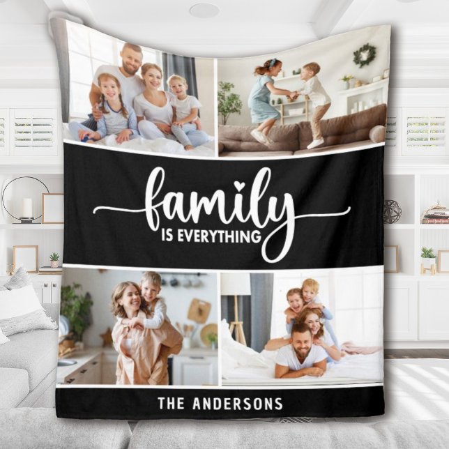 Manta Polar Family Script Typography Photo Collage (an elegant family photo keepsake blanket. Personalize it with your photos and name.)