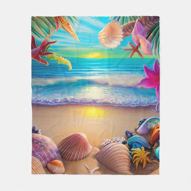 Manta Polar Fantasía de playa mística con flores tropicales (Anverso)