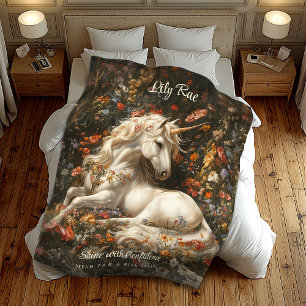 Manta Polar Fantasía floral blanca unicornio Caballo durmiente