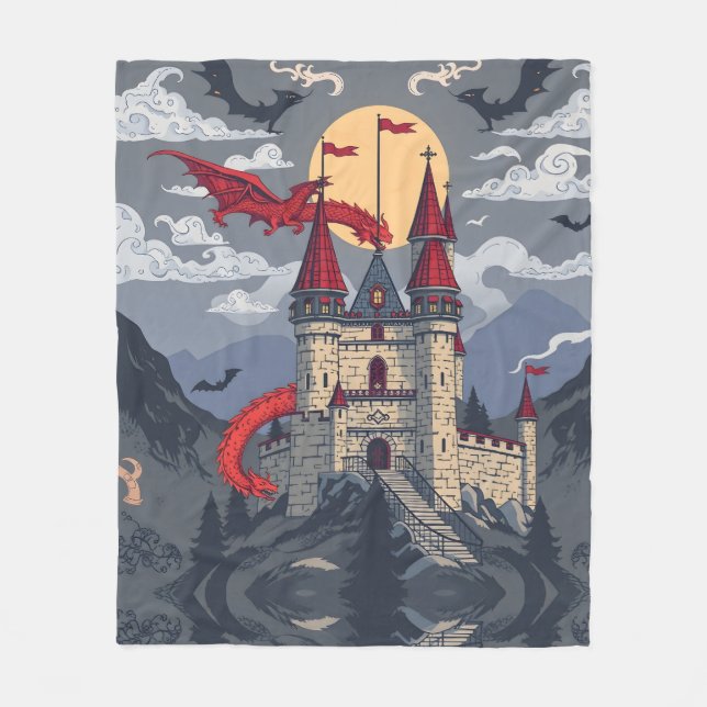 Manta Polar Fantasía medieval: Dragón y castillo (Anverso)