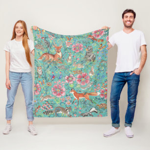 Manta Polar Fantasía Turquesa Animales Forestales Acuarela Fl