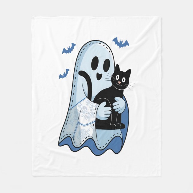 Manta Polar Fantasma de Denim Azul y Gato de Halloween (Anverso)