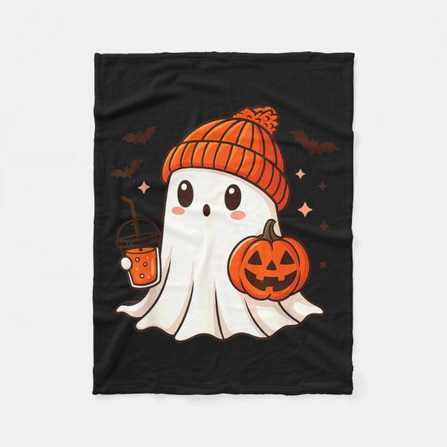 Manta Polar Fantasma Lindo con Gorro sujetando Café de Calabaz (Anverso)
