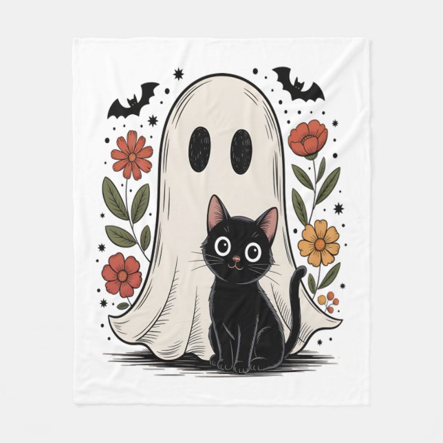 Manta Polar Fantasma y gato de Halloween (Anverso)