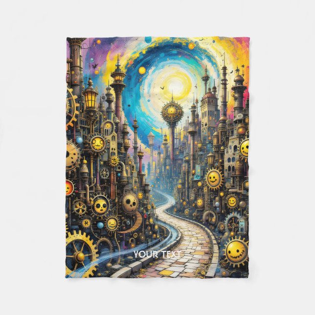 Manta Polar Fantasy Cute Resumen Ciudad Steampunk (Anverso)