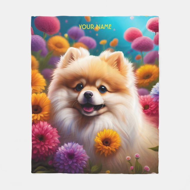 Manta Polar Fantasy Cute Vivid Pomeranian Baby Flowers (Anverso)