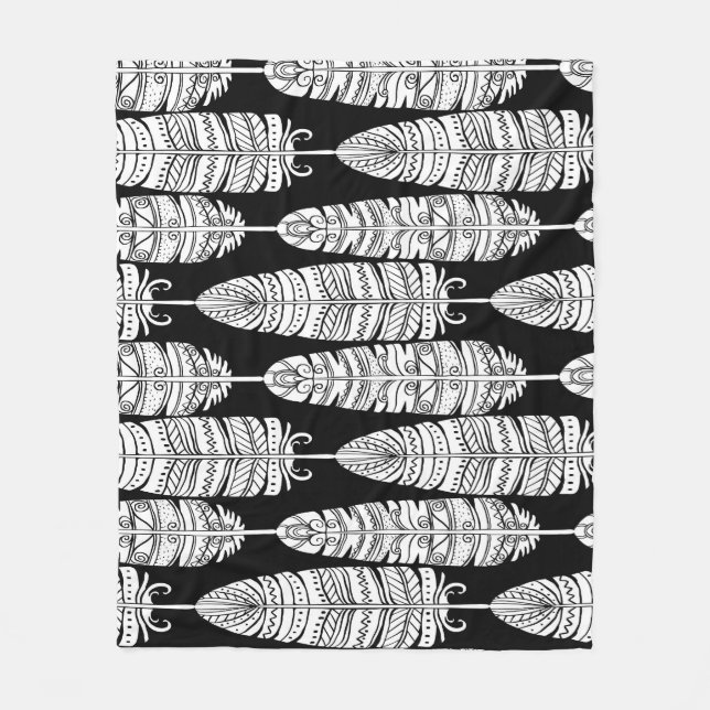 Manta Polar Feathers boho: patrón blanco y negro (Anverso)