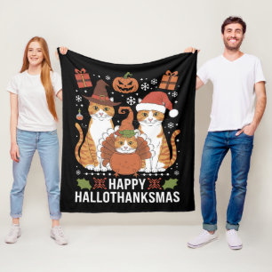 Manta Polar Felices Hallothanksmas Gatos Halloween Navidad