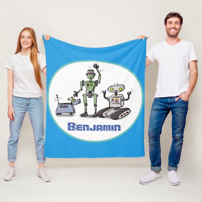 Manta Polar Felices robots lindos trío personalizado sobre fon (In situ)