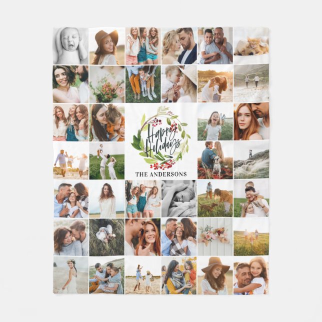 Manta Polar Felices vacaciones acuarela floral Familia Holiday (Anverso)