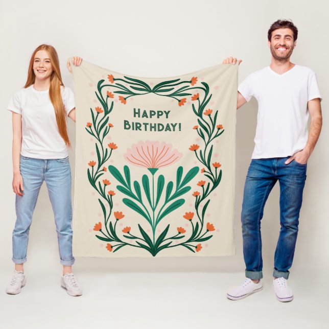 Manta Polar Feliz Cumpleaños Elegante Marco Floral (In situ)