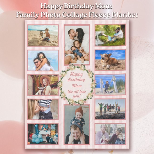 Manta Polar Feliz cumpleaños mamá Collage de fotos Rosa Rosa (Happy Birthday Mom Pink Rose Family Photo Collage Fleece Blanket)