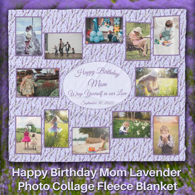 Manta Polar Feliz cumpleaños, mamá Lavender Collage de fotos (Happy Birthday Mom Lavender Photo Collage Fleece Blanket - Personalize for Grandmother Sister Aunt)