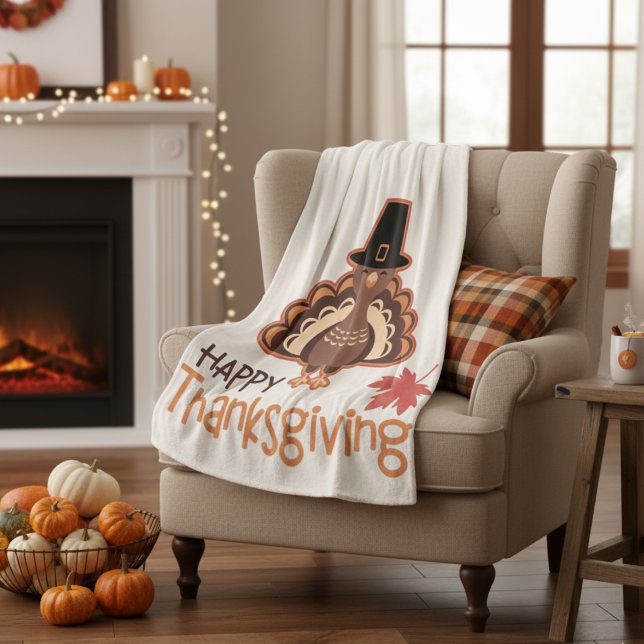 Manta Polar Feliz Día de Acción de Gracias Peregrina Turquía (Happy Thanksgiving Cute Pilgrim Turkey Fleece Blanket)