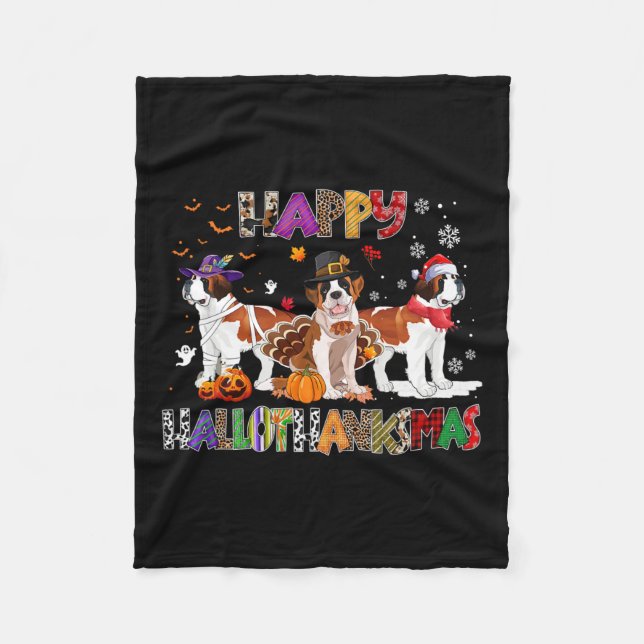 Manta Polar Feliz Hallothanksmas San Bernard Perro Halloween C (Anverso)