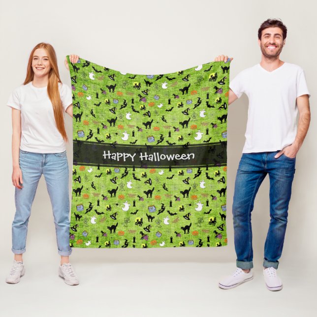 Manta Polar Feliz Halloween al azar Patrón Icónico Verde (In situ)