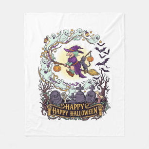 Manta Polar Feliz Halloween Bruja Escoba Gatos Negros Fantasma