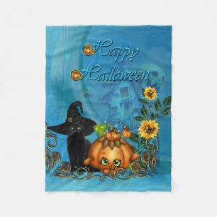 Manta Polar Feliz Halloween con gato gracioso