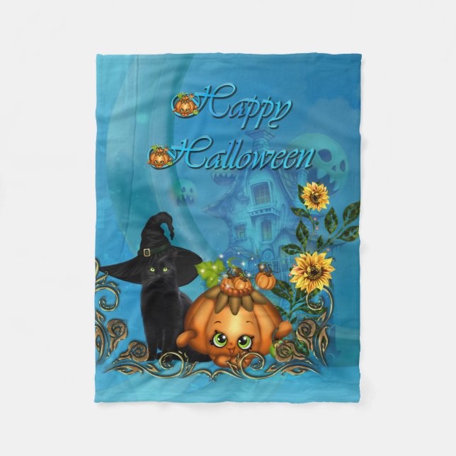 Manta Polar Feliz Halloween con gato gracioso (Anverso)