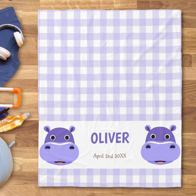 Manta Polar Feliz Hippo Face Purple Gingham (Subido por el creador)