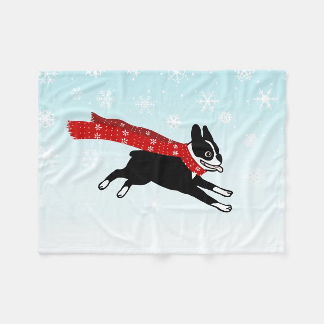 Manta Polar Feliz invierno divertido Boston Terrier usando buf (Frente (Horizontal))