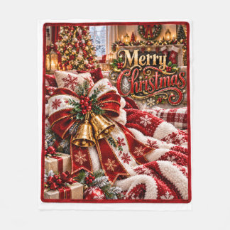 Manta Polar Feliz Navidad Arco Rojo y Blanco y Campanas de Oro