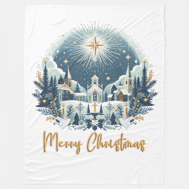Manta Polar Feliz Navidad azul y dorado  (Anverso)