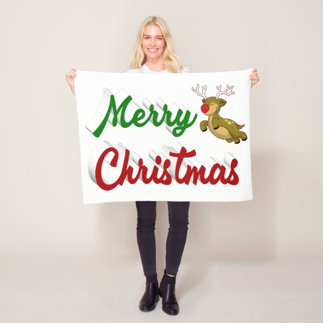 Manta Polar Feliz Navidad Flying Reindeer guión verde rojo (In situ)
