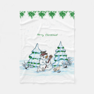 Manta Polar ¡Feliz Navidad! Hombre de nieve con gato y cachorr