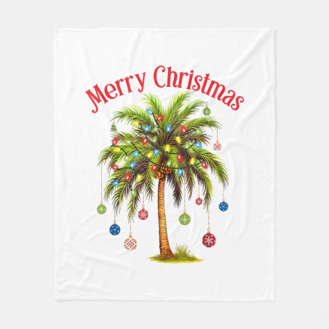 Manta Polar Feliz Navidad Palm Tree Light Tropical Hawaiano (Anverso)